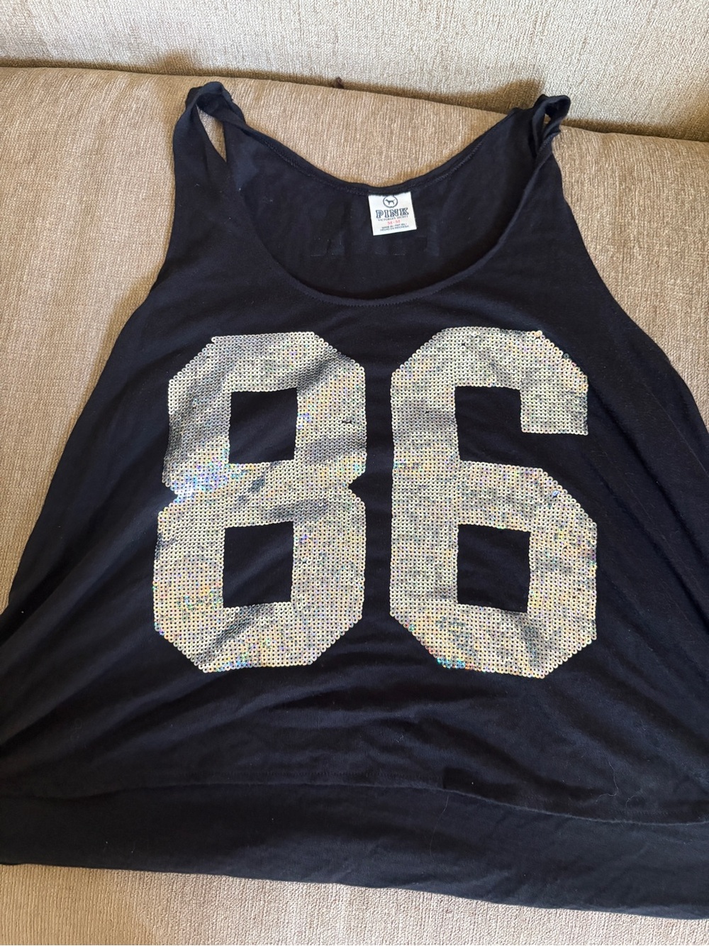 Y2K PINK Victoria's Secret Black Tank Top with Silver Sequin '86'